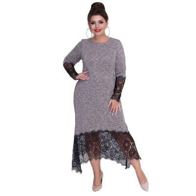 

Large Size Lace Dress Casual Women Solid Color Irregular Round Neck Dresses