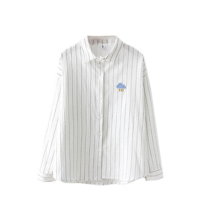 

Women Embroidery Shirt Striped Cotton School Blouses Office Ladies Tops Female Blusas Plus Size Loose Work Shirt Autumn