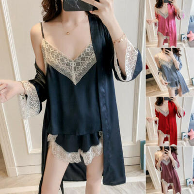 

Sexy Lingerie Women Silk Lace Robe Dress Nightdress Sleepwear Kimono Pyjamas Set