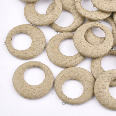 

Handmade Raffia Woven Pendants with Iron & Aluminum Findings Flat Round Platinum Tan 435x405x5mm Hole 12mm