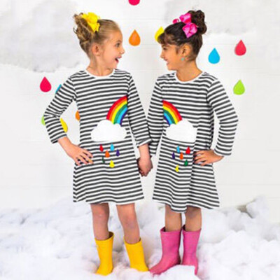 

Infant Toddler Baby Girls Striped Rainbow Print Party Dress Clothes Dresses