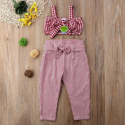 

2pcs Fashion Baby Girls Sunsuit Formal Outfits Set new Kids Plaid Crop Top VestStriped Pants
