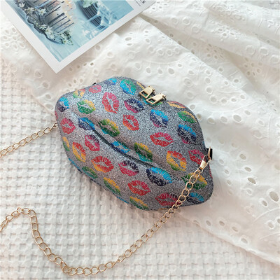 

2019 new casual wild chic lip print personality Messenger bag female fashion tide sequins lips chain shoulder bag