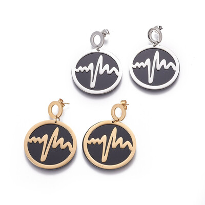 

304 Stainless Steel Stud Earrings with Plastic Flat Round with Electrocardiogram Mixed Color 48mm Pendant 35x2mm Pin 08mm