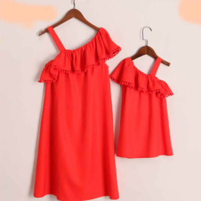 

Mommy＆Me Child Girls Short Sleeve Solid Strapless Ruffles Family Clothes Dress