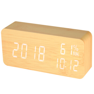 

Wooden LED Digital Sound Control Alarm Clock USBBattery Powered Dimmer Indoor Hygrometer Thermometer Clock with 3 Alarms Weekday