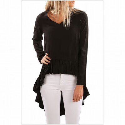 

V-neck long-sleeved solid color ruffled front short long long casual long top