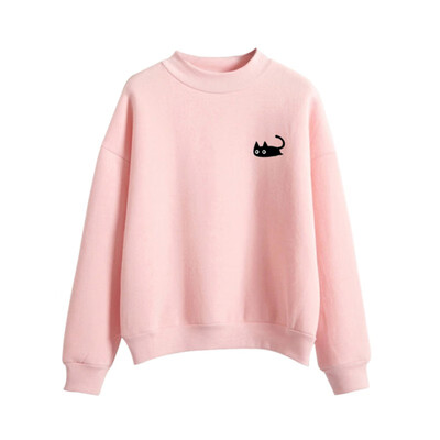 

Autumn Casual Harajuku Kawaii Black Cat Sweatshirts Cosy Women Long Sleeve Turtleneck Tops Pullover Funny Cartoon