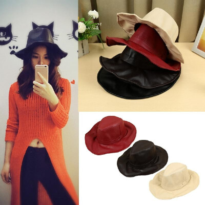 

New Fashion Women Men Fedora PU Leather Pinched Crown Wide Brim Unisex Jazz Hat Cap