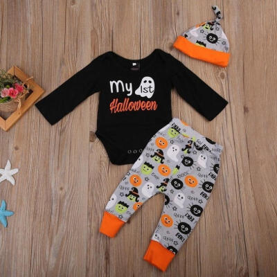 

3Pcs Newborn Baby Boy Girl Halloween Tops Romper Pants Hat Outfits Set Clothes