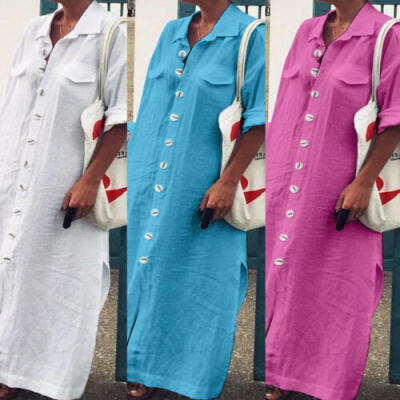 

Plus Size Womens Short Sleeve Maxi Long Loose Dress Solid Party Shirt Sundress