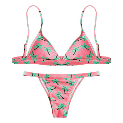 

Spaghetti Strap Padded Backless Tree Print Low Waist Women Bikini Set