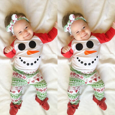 

Xmas 2PCS Christmas Newborn Baby Boys Girls Romper Jumpsuit BodysuitPants Clothes Outfits Set Snowman