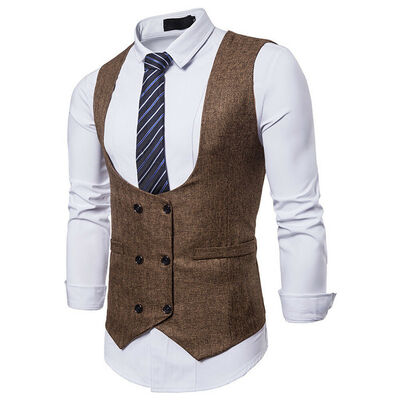 

Mens Solid Double-Breasted Formal Business Slim Chain Vest Suit Waistcoat