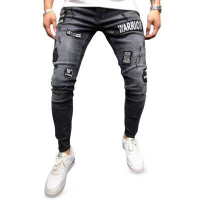 

Men Jeans Mid Waist Worn-out Hole Patch Slim Leg Zipper Pants