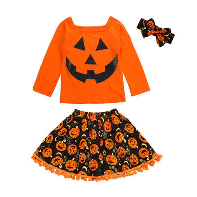 

3pcs Autumn Girl Kids Clothes Set Cute Pumpkin Print T-shirt Skirt Headband