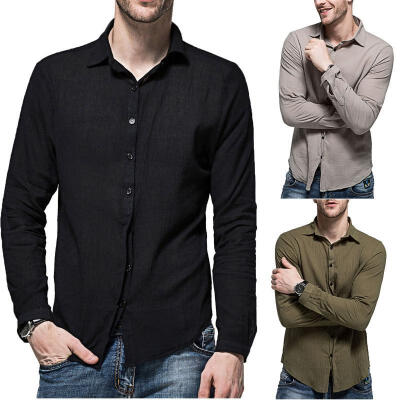 

Luxury fashion men slim casual solid color long-sleeved linen shirt top