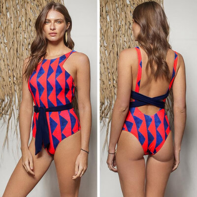 

Sexy Women One Piece Swimsuit Geometric Print Push Up Backless Tie Waist Monokini Swimwear