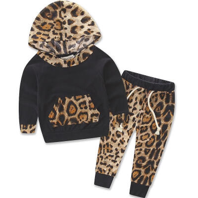 

2PCS Kid Baby Boys Girls Leopard Pullover Hooded Coat Pants Set Clothes Outfit