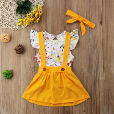 

Toddler Kids Baby Girl Clothes Floral Tops T-ShirtSkirtHeadband Summer Outfits