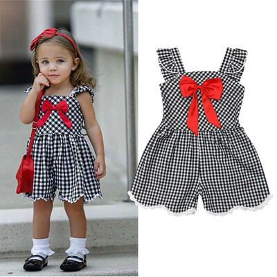 

Toddler Baby Kid Girls Strap Plaid Print Bow Overall Jumpsuit Summer Outfits