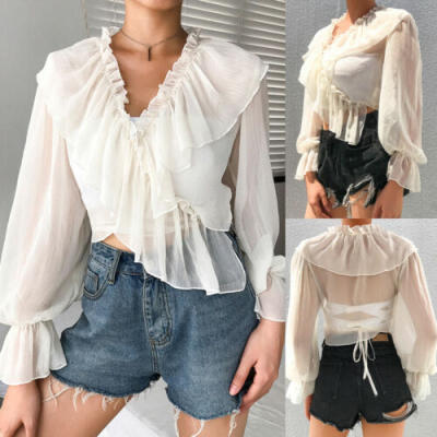 

Women Bandage V-neck Ruffled Long Sleeve Chiffon Shirt Tops Casual Blouse