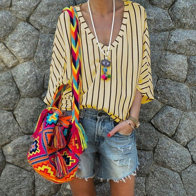 

Women Loose V Collar Summer T Shirt Female Striped Print Long Sleeve Tshirt Women Casual Simple Wild T-Shirt Tops