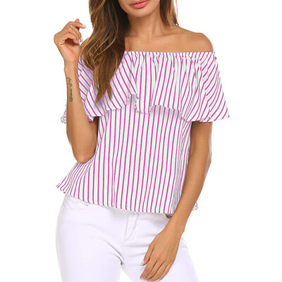 

Starmoon Womens Off Shoulder Ruffles Striped Printed Casual Blouse Loose Shirt Tops