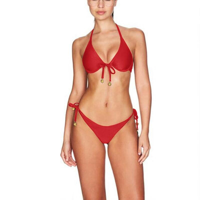 

Sexy Women Solid Color Halter Bikini Set Underwire Support Padded Low Waist Beach Bathing Suit Swimwear Two Pieces