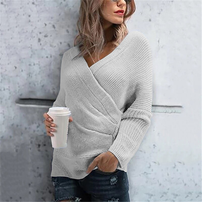 

Womens Slim Fit Solid Color Sweater Tops Cross V-neck Long Sleeve Casual Blouse