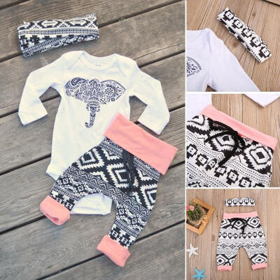 

Newborn Long Sleeve Baby Boy Girl Outfits Clothes Elephant Romper Pants 3pcs Set