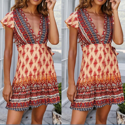 

Women Wrap Summer Boho Floral Paisley Mini Print Dress Ladies Holiday Beach