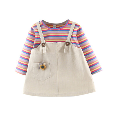 

Children Girls Autumn Cute Stripes Print Fake Two Piece Bottoming Long Sleeved Sweet Princess Dress