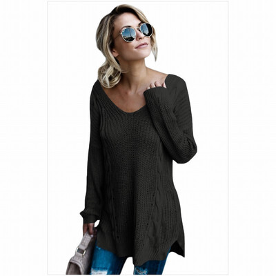 

V-neck long-sleeved back cross warm hooded casual knit sweater