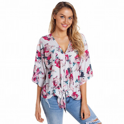

V-neck cropped sleeve floral print knotted bohemian top