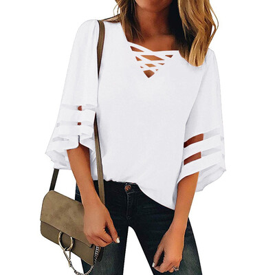 

Nomeni Womens V Neck Mesh Panel Blouse 34 Bell Sleeve Casual Loose Top Shirt