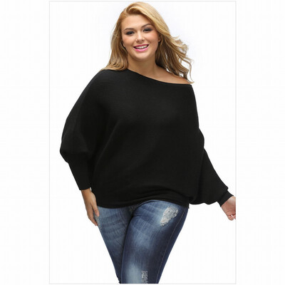 

One-neck long-sleeved ribbed knit loose sweater straight multi-size top