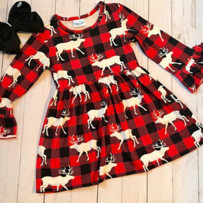 

US Stock Kids Baby Girl Dress Checked Plaid Princess Party Deer Tutu Dresses