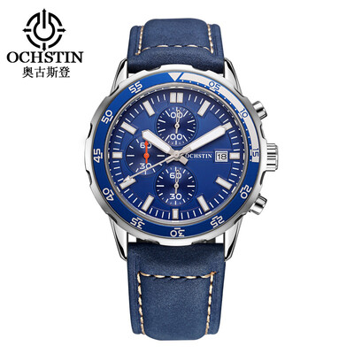 

Augustus multi-function mens watch three eyes six-pin quartz watch business casual belt mens sports waterproof