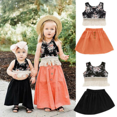 

UK Little Sister Baby Girl Big Sister Kids Tops Skirt Matching Flower Outfit Set