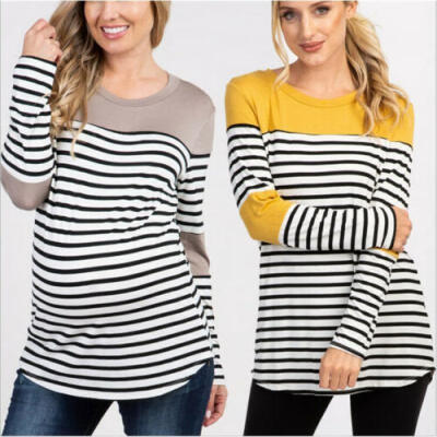 

Womens Striped Print Maternity Long Sleeve T-shirt Bottom Pregnant Tops Blouse