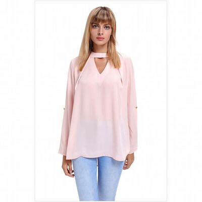 

V-neck long-sleeved mesh solid color shirt casual straight top