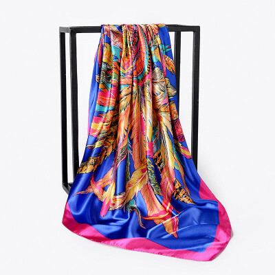 

90cm90cm new scarf oil painting color matching printing feather crown ladies silk scarf large square scarf FJ138