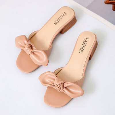 

Slipper women 2019 summer new net red sandals bow womens shoes thick heel simple student slippers