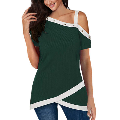 

Nomeni Womens Short Sleeve Off Shoulder Tops Oblique Collar Rivet T-Shirts