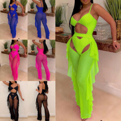 

Women High Waist See Through Flared Leg Mesh Summer Beach Long Pants Trousers