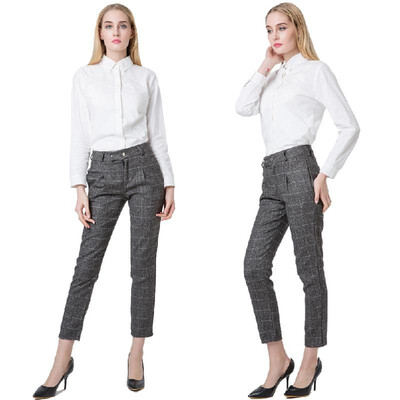 

New Fashion Women Pants Plaid Print Press Stud Closure Slant Pocket Causal Loose Trousers Gray