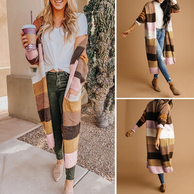 

〖Follure〗Womens Long Sleeve Stripe Patchwork Sweater Knitted Pocket Long Cardigan