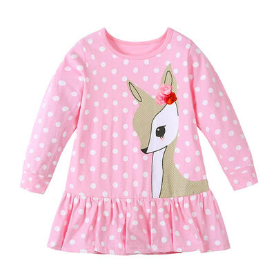 

Girls Children Spring Long Sleeves Cartoon Deer Print Polka Dot Tutu Dress