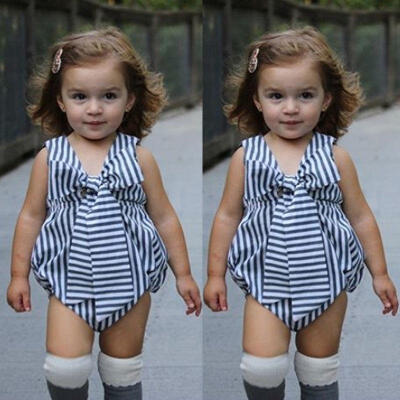 

Newborn Baby Girl Bow Sleeveless Striped Romper Jumpsuit Clothes Outfits Mon